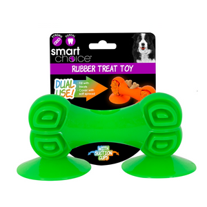 Treat dispensing Rubber bone toy feeder for dogs & puppies with suction caps can be attached to bath or floor.