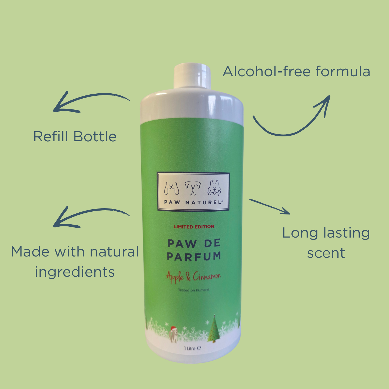 Apple and cinnamon Paw De Parfum dog perfume refill 1 litre bottle by Paw Naturel infographic