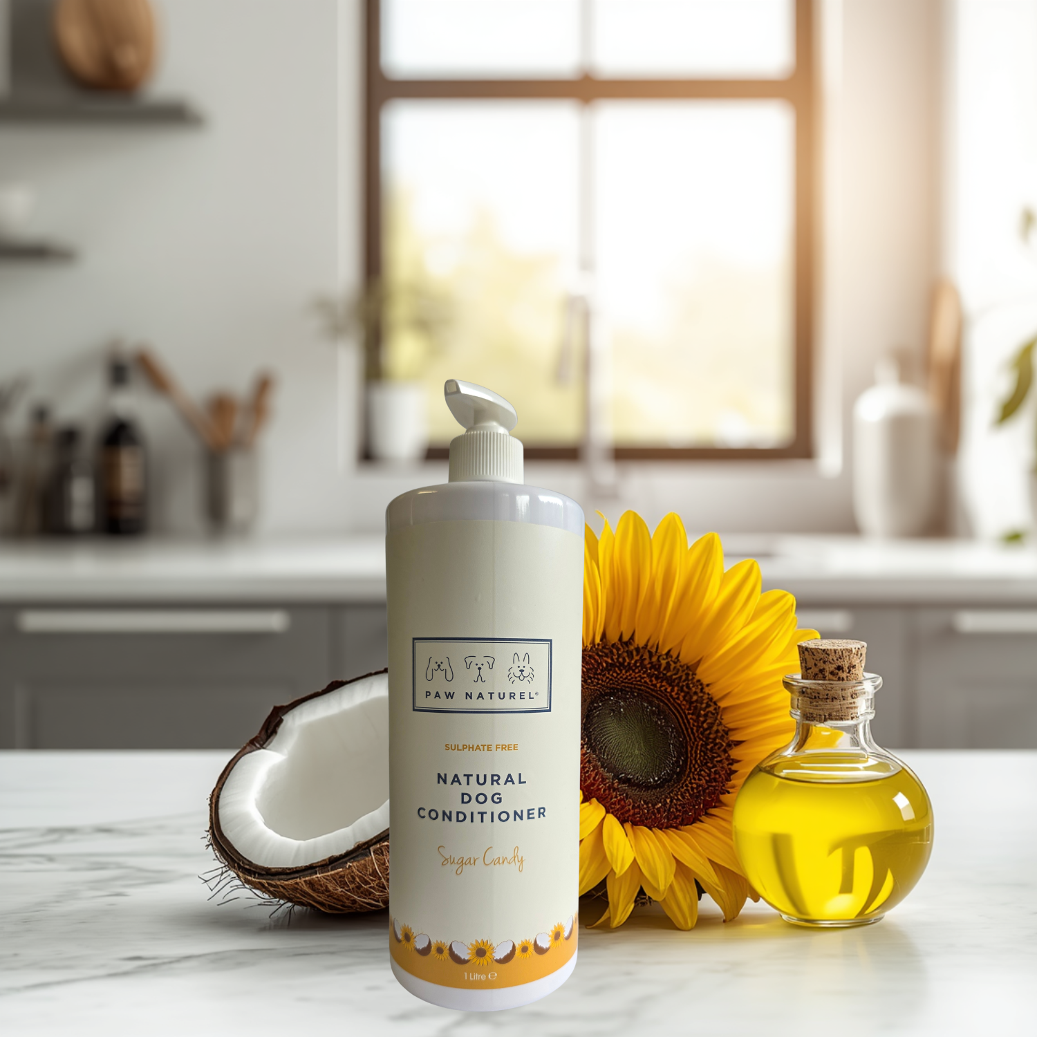 Bottle of natural dog conditioner with sunflower and coconut on a kitchen counter
