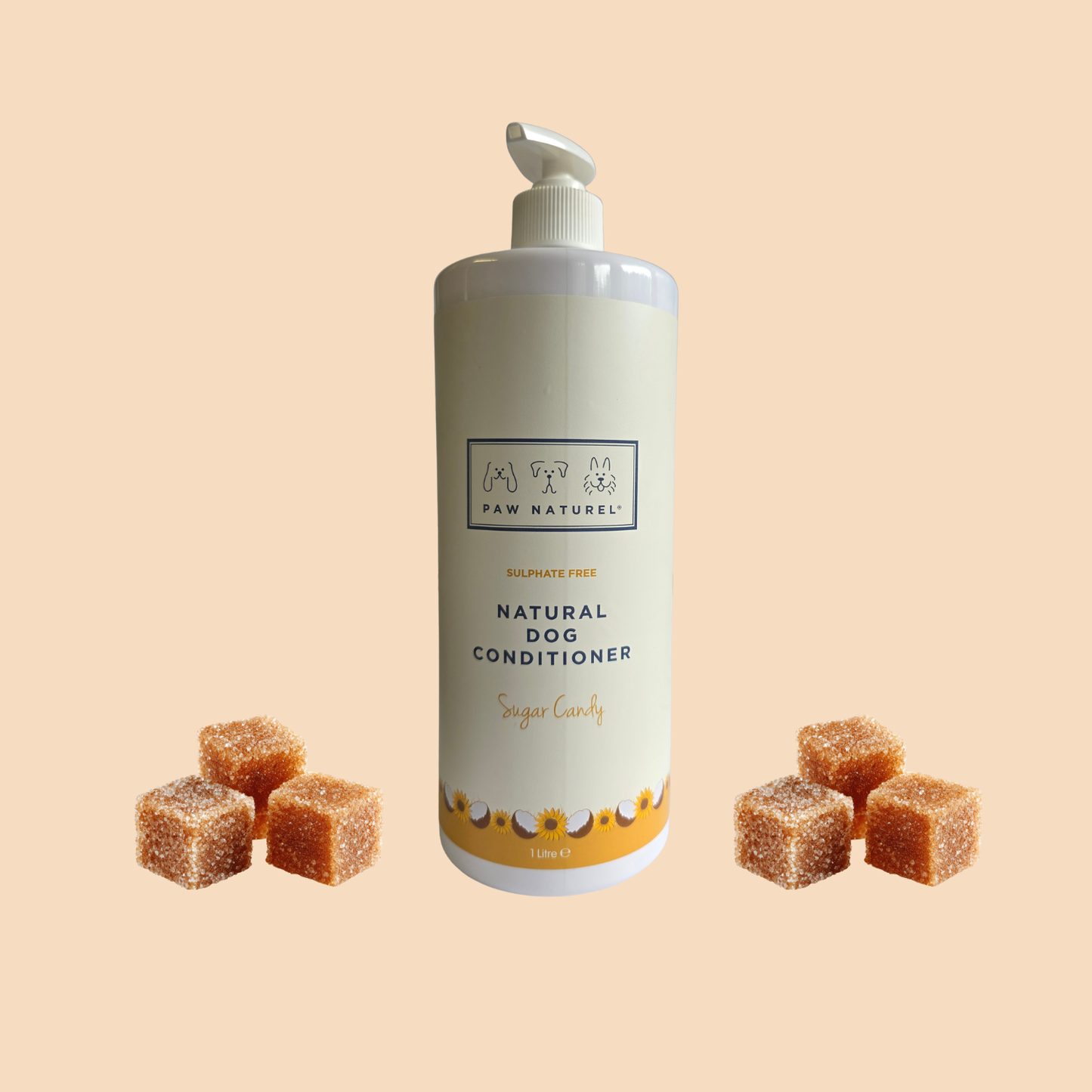 Paw Naturel natural dog conditioner bottle with sugar candy on a beige background