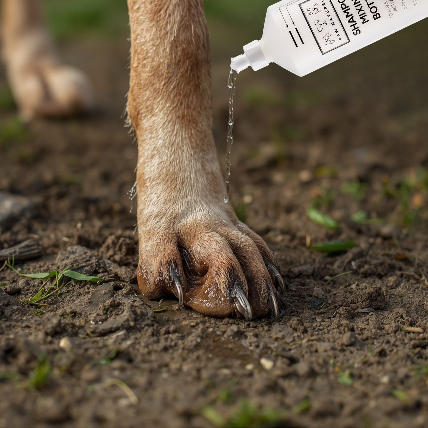 Dog paw being cleaned with a bottle labeled 'Shampoo & Balm' on a dirt ground.