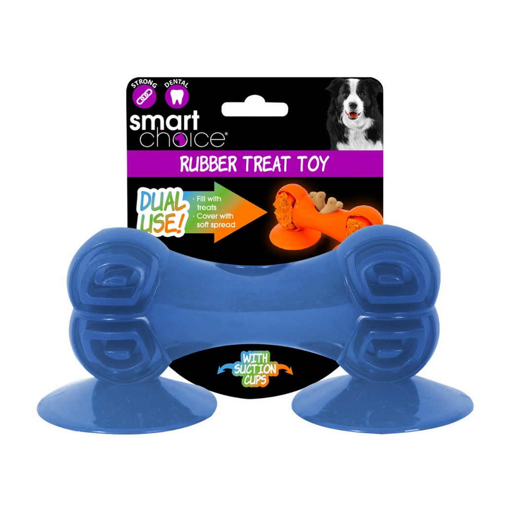 Treat dispensing Rubber bone toy feeder for dogs & puppies with suction caps can be attached to bath or floor.