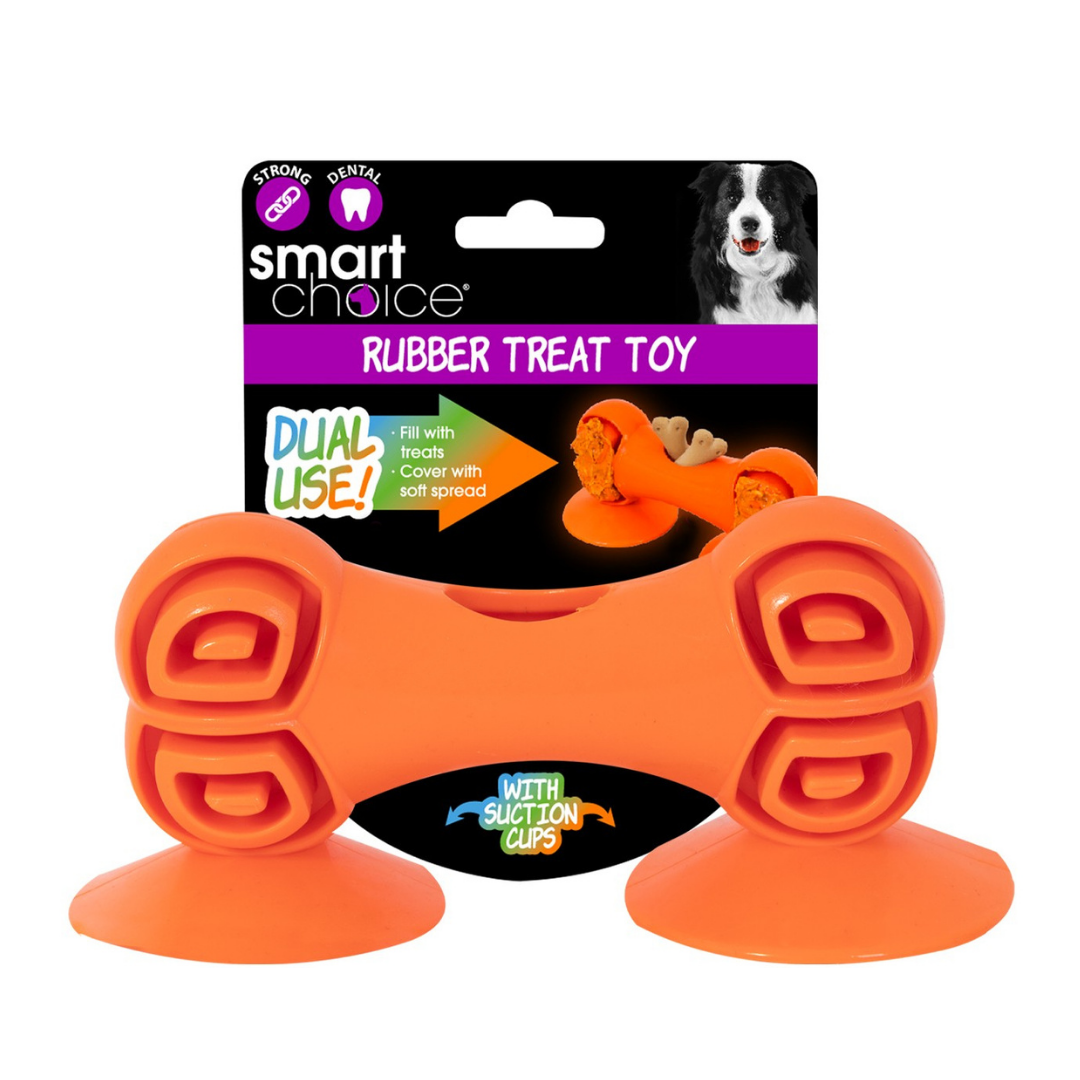 Treat dispensing Rubber bone toy feeder for dogs & puppies with suction caps can be attached to bath or floor.